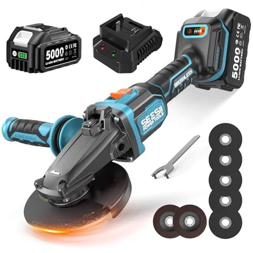 SEESII Flathead Brushless Angle Grinder, 5.0Ah Battery and Fast Charger, Drop Protection, 21V 6 Variable Speed Cordless Grinder Kit 4-1/2 to 5" Cut Off Tool for Metal Cutting, Auto Body, DIY - Image 1