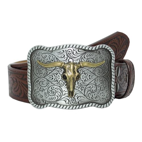 EONTISO Western Belt for Women Cowgirl Cowboy PU Leather Belts for Jeans, Floral Embossed Vintage Buckle, BullBrown M - Image 1
