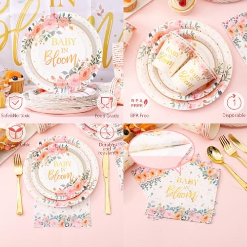 Gudvilla 169 Pcs Baby in Bloom Baby Shower Decorations for Girl , Its a Girl Baby Shower Plates and Cups and Napkins Sets, Pink Floral Plates Serves 24, Spring Summer - Thumbnail 6