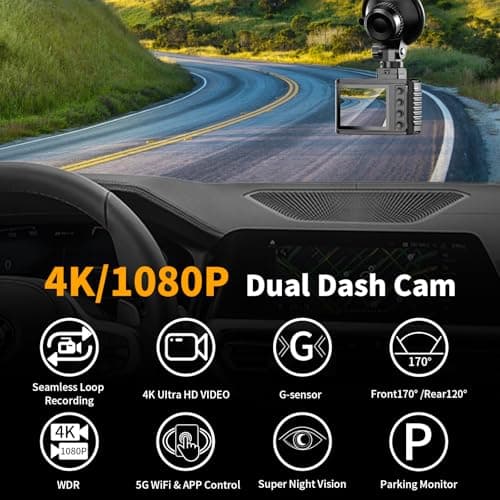 Dash Cam Front and Rear: 4K Dual Channel Dash Cam - 5GHz WiFi, Dash Camera for Cars with 64GB Card, 2" IPS, App Control, G-Sensor, Loop Recording, 170° Wide Angle, Night Vision, 24H Parking Mode - Thumbnail 2