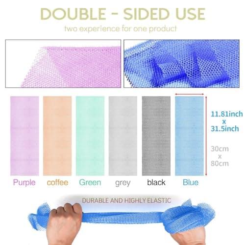 UJFQBH 6 Pieces African Bath Sponge African Net Long Net Bath Sponge Exfoliating Shower Body Scrubber Back Scrubber Skin Smoother,Great for Daily Use (Purple, Gray, Blue, Black, Brown, Green) - Thumbnail 3