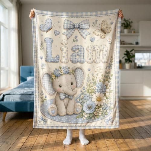 Kreiphantom Personalized Baby Blanket with Name, Custom Baby Blankets, Gift for Boy Girl, Ship Next Day, Customized Name, Baby Essentials, Elephant Design - Thumbnail 2