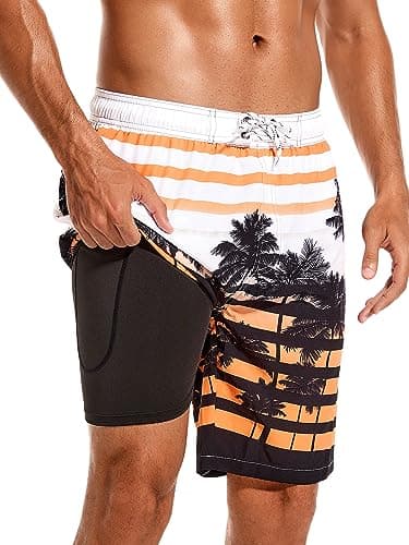 SILKWORLD Mens Swim Trunks with Compression Liner 9" Quick Dry Bathing Suit 2 in 1 Stretch Board Shorts with Zipper Pockets, Palm Tree, Small - Image 1