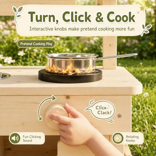 Wooden Outdoor Mud Kitchen for Kids, Waterproof Solid Wood Play Kitchen with Removable Faucet, Sink, Cutting Board, Toy Pots, Soil Cups, Magnetic Door and Storage Shelf - Thumbnail 4