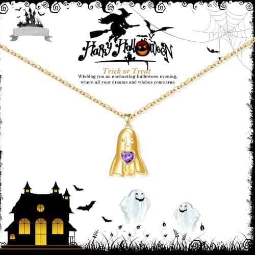 Ghost Necklace, Halloween Necklace with Ghost Face Halloween Gifts for Women Amethyst Birthstone Necklaces for Women February Birthday Gift for Sister Daughter 14k Gold Plated Jewelry - Image 1