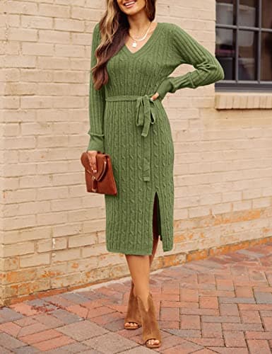 MEROKEETY Women's Winter Spring Long Sleeve Sweater Dress 2026 Fall V Neck Cable Knit Slit Bodycon Midi Dresses, Green, M - Thumbnail 5