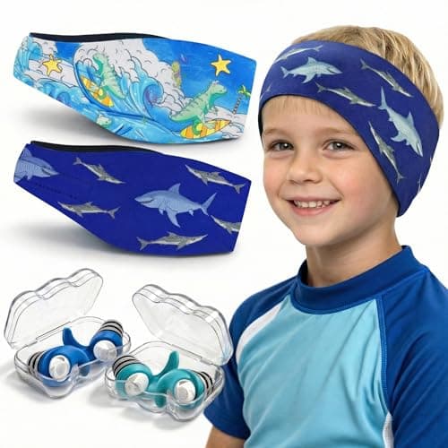 Swimming Headband for Kids - 2 Pairs Waterproof Ear Plugs & Adjustable Swim Ear Band,Keep Water Out and Hold Earplugs in - Water Headband for Surfing, Diving, Pool, Showering, and Beach