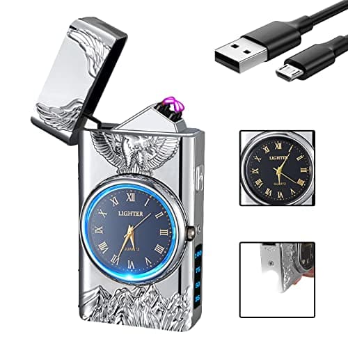 RSBYE Watch Lighetr,Electric Lighter,Dual Arc Plasma Lighter,USB Lighter Rechargeable with Battery Display,Cool Lighter with Clock & Flashlight,Unique Gift for Men and Women (Eagle Silver)