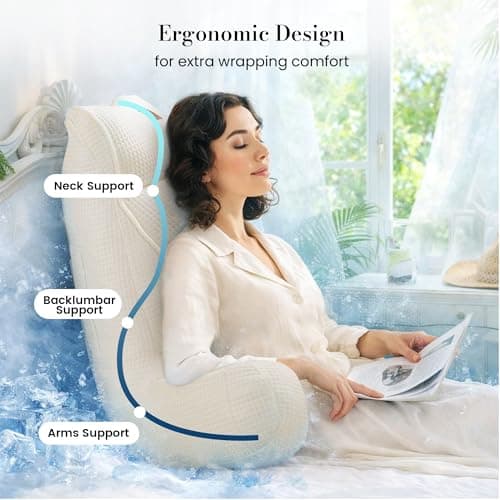Amélie Home Cooling Reading Pillow with Arms for Adults, Breathable Waffle Fabric Bed Rest Pillow for Sitting Up, Ergonomic Back Support with Pockets for Gaming Relaxing, Ivory, 25 Inches - Thumbnail 3