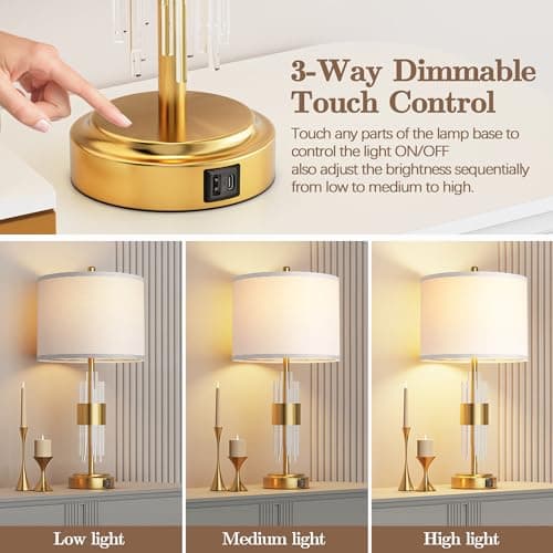 QiMH 25.5" Table Lamp Set of 2 with USB A+C Ports, Gold Lamp for Living Room with Touch Control, Modern Bedside Nightstand Lamp White Lamp Shade Bedroom Home Office Decor (2700K LED Bulbs Included) - Thumbnail 2