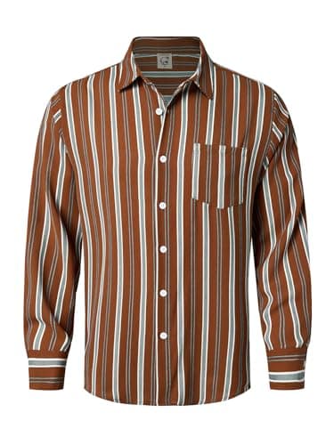 Hardaddy Men's Classic Color Contrast Striped Shirt Long Sleeve Casual Button Down Shirts Blouse Brown L - Image 1