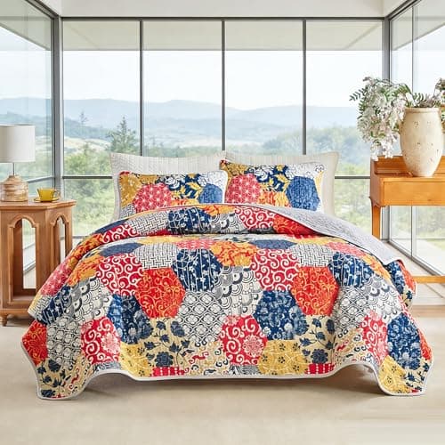 Andreannie Boho Quilt Set King Size, Reversible Floral Geometric Honeycomb Pattern Bedspread, Soft Lightweight Microfiber Bedding Coverlet, All Season Bohemian Quilt with 2 Pillow Shams, 3 Pieces - Thumbnail 2