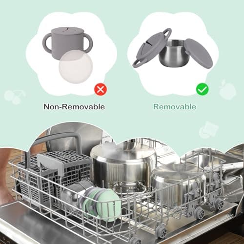Daximo 2 Pack Snack Cups for Toddlers Spill Proof - Detachable Stainless Steel Toddler Snack Cups with Silicone Lids & Handles - Dishwasher Safe Baby Snack Containers (Matte Gray and Mint Green) - Thumbnail 5