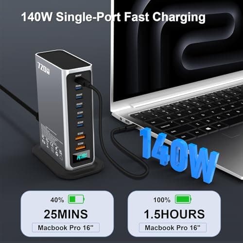 720W USB C Fast Charger Block, PD 3.1 140W 8 Port USB Charging Station, GaN Ⅲ Fast Charging Station for Multiple Devices, Laptop Charger Station Compatible with iPhone 17/iPad/MacBook,Samsung, Silver - Thumbnail 3