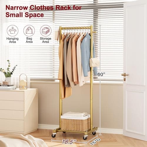 SLEEPING LAMB Small Clothes Racks for Hanging Clothes, Rolling Clothing Rack with Shelves, 60" Metal Garment Rack with Wheels Portable Wardrobe Rack for Small Space, Gold - Thumbnail 2