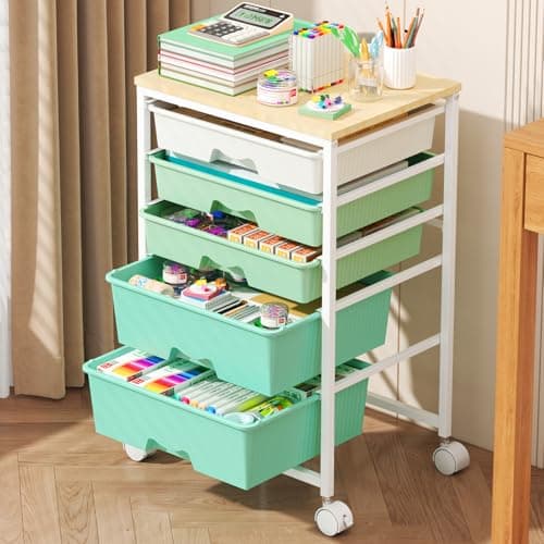 Goovilla Rolling Cart with Drawers, Utility Cart Organizer With 5 Removable Drawers and Wooden Tabletop, Lockable Rolling Storage Organizer for Art, Classroom, Home, Dorm, Office, Craft Storage, Green