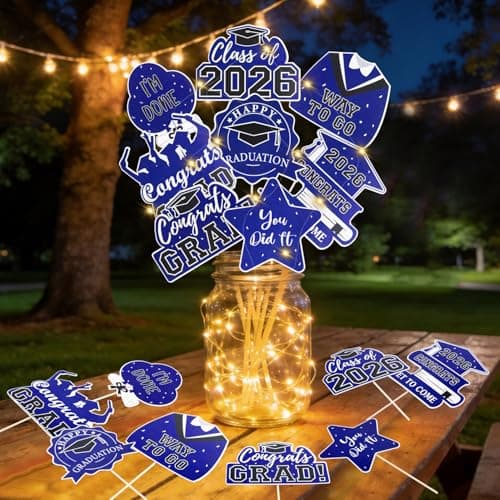 Graduation Decorations 2026 Graduation Party Decorations 32Pcs Blue Graduation Table Centerpiece Sticks with String Lights for College High School Congrats Grad Party Decor Supplies Favors Photo Props - Image 1