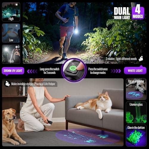 DARKDAWN 3 in1 Super Bright Flashlight & UV Flashlight 395nm, High Lumens USB Rechargeable Ultraviolet Blacklights,Handheld Portable Flash Lights for Camping, Outdoor Adventure, Pet Urine Stains - Thumbnail 3