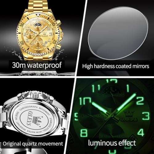 OLEVS Gold Watches for Men Luxury Business Casual Mens Wrist Watch Waterproof Stainless Steel Band Quartz Watch for Men with Day Date - Thumbnail 5