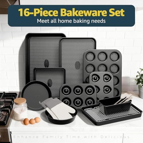 16-Piece Nonstick Bakeware Set with Oven Mitts, Donut Pan, and Heart Pan, Stackable Carbon Steel Baking Pans Set with Kitchen Utensils and Rack, Ceramic Coating, Black - Thumbnail 2