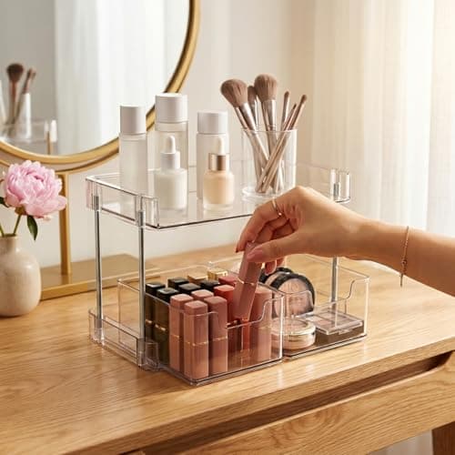 JessLab Clear Makeup Organizer, 2-Tier Vanity Storage with Removable Drawers, Large Capacity Cosmetic Rack for Tall Bottles, Perfume, Lipstick, Bathroom Countertop - Thumbnail 2