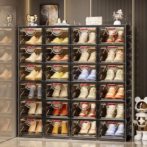 Zuocheng Foldable Shoe Rack Organizer Stackable Shoe Storage Box for Entryway, Closet & Bedroom Large Capacity Sneaker Containers Bins with Lids 6 Pack Black - Thumbnail 3