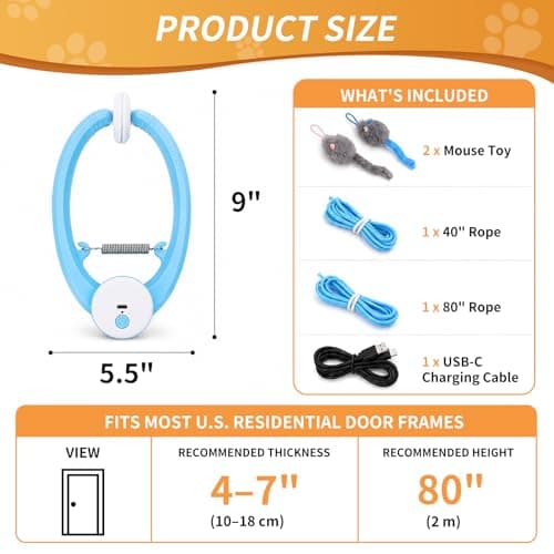 VOXGET Interactive Cat Mice Toys for Indoor Cats, Automatic Flying Feather Wand for Bored Kittens Adult Cats Self Play, Rechargeable Doorway Hanging Toy for Pets Chase Hunt Enrichment Exercise (Blue) - Thumbnail 6
