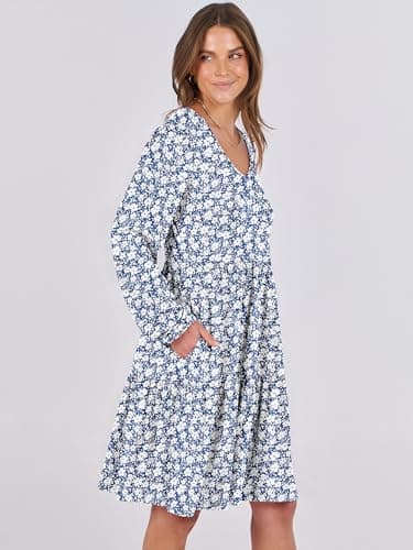 ANRABESS Womens Long Sleeve Dress 2026 Fall Casual V Neck Tiered Flowy Short Dresses Beach Travel Vacation Clothes Floral Blue X-Large - Thumbnail 5