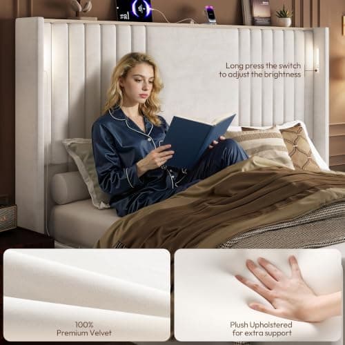 Uteeran King Size Bed Frame with 55.1" Tall Headboard, Velvet Upholstered Platform Bed with Channel Tufted Wingback, 2 Reading Lights/Storage Shelf/Charging Station/Easy Assembly/Noise-Free, Cream - Thumbnail 4