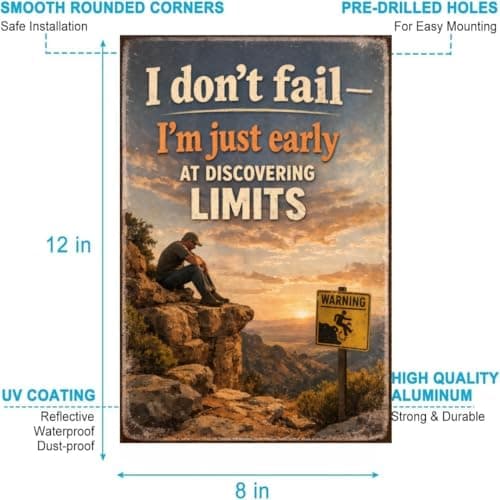 I Don’t Fail I’m Just Early At Discovering Limits Tin Sign Vintage Motivation Quote Metal Wall Decor Rustic Cliff Landscape Inspirational Art Plaque For Home Office Cabin Garage 8x12 Inch - Thumbnail 5
