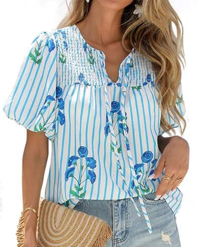KIRUNDO Boho Tops for Women Summer 2026 Dressy Floral Blouse V Neck Drawstring Short Sleeve Shirts Beach Vacation Clothes(Striped White Blue, Small) - Image 1
