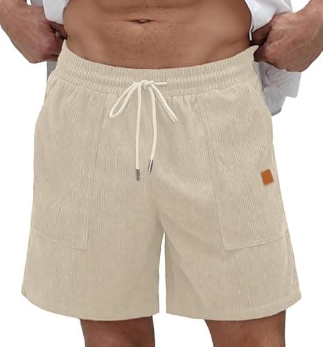 Sailwind Workout Shorts Men Casual Corduroy Drawstring 7 inch Inseam Summer Beach Shorts for Men Light Khaki - Thumbnail 3