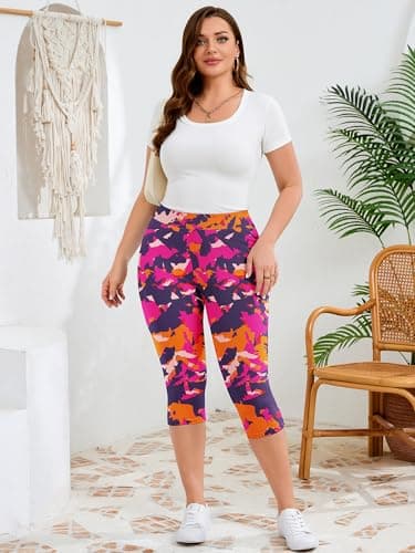AusLook Plus Size Capri Leggings for Women with Pockets High Waisted Tummy Control Cropped Rosy Clouds 3X Leggings Buttery Soft Stretch Casual Lounge Workout Pants - Thumbnail 3