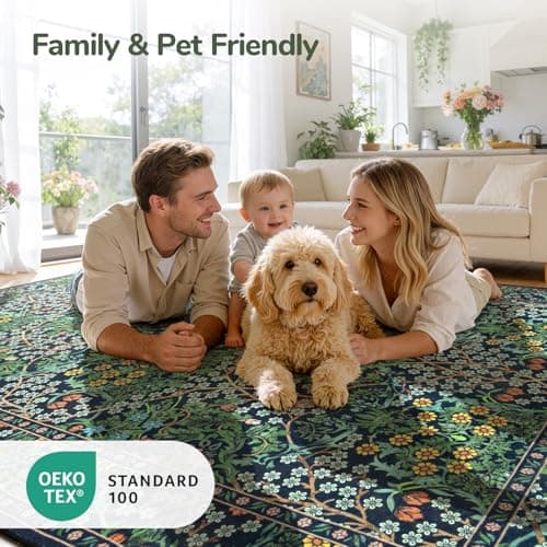 Lessymo Floral Living Room Rug 8x10 Area Rugs, Vintage Forest Washable Rugs for Dining Room Bedroom, Low Pile Non Slip Rubber Green Mat, Distressed Retro Indoor Boho Carpet, Forest Green - Thumbnail 4
