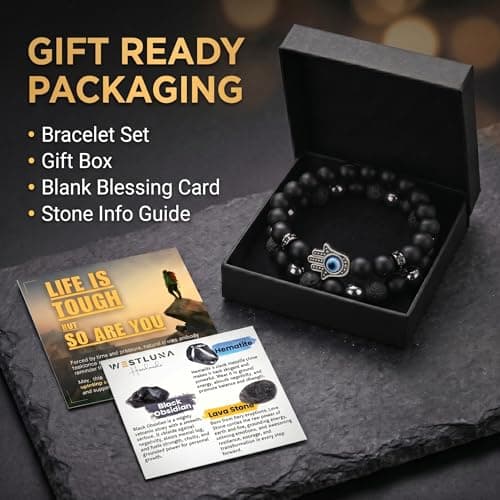 WestLuna Mens Black Obsidian Bracelet Set - Black Obsidian Hematite Lava Stone Triple Protection Bracelet w Evil Eye 8MM Stone Beaded Bracelets for Men Jewelry Gifts (Small) - Thumbnail 6