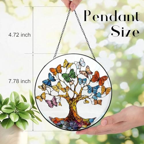 Zizzie Stained Glass Tree of Life Suncatcher - 7.9" Real Glass Blue Butterfly Leaves Window Hanging, Weatherproof Spiritual Rebirth Decor, Sympathy Memorial Healing Gift for Mom Women - Thumbnail 3