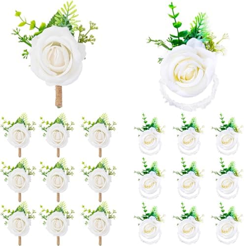Naisidas 20 Pcs Rose Wrist Corsage and Boutonniere Set for Wedding, Boutonniere for Men and Wristlet Band, Artificial Flower Wrist Corsage for Formal Ceremony Accessories, Homecoming Dance