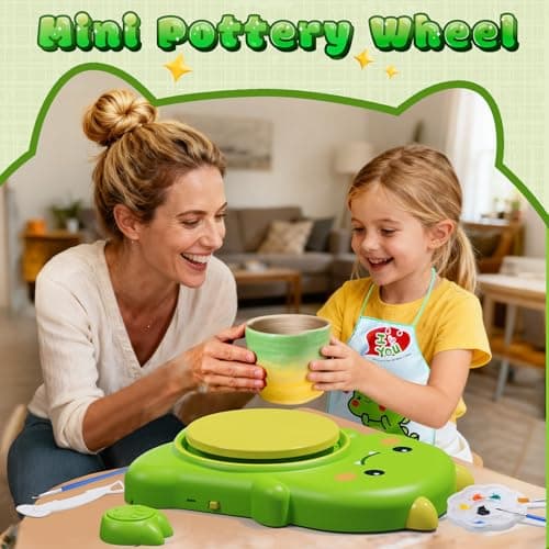 Skirfy Mini Pottery Wheel Kit for Beginners Kids,Electric Ceramic Wheel with Foot Pedal&Painting Kit, Adjustable Speed,Clay Spinner DIY Tools for Art Craft Birthday (Green Dinosaur) - Thumbnail 4