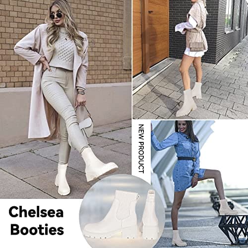 Athlefit Women's White Chelsea Boots Fall Platform Ankle Boots Slip on Chunky Lug Sole Boots - Thumbnail 6
