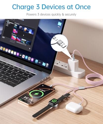 Wtinquik Travel Essentials, Multi Fast Charging Cable for iPhone Charger, 3 in 2 USB C Cable Cord Compatible with iWatch Ultra/SE/10-1/iPhone 17-11/Samsung S25-22, 4FT, Pink - Thumbnail 4