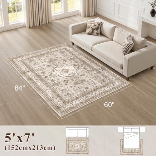 Vintage Living Room Area Rug 5x7 - Large Soft Washable Oriental Traditional Distressed Farmhouse Rugs for Bedroom - Indoor Floor Accent Carpet for Home Office House Decor - Beige - Thumbnail 2
