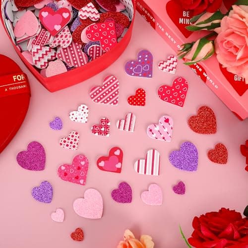 100 PCS Valentines Stickers, Self-Adhesive Foam Heart Stickers Valentines Decor, 3 Sizes Glitter Matte Dots Stripes Foam Stickers, Colorful Valentine Crafts for DIY Card Envelopes Decorations - Thumbnail 3
