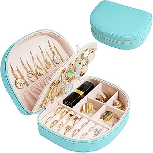 ProCase Travel Size Jewelry Box, Medium Portable Seashell-Shaped Jewelry Case, 2 Layer Jewelry Organizer in PU Leather for Women -Blue - Image 1
