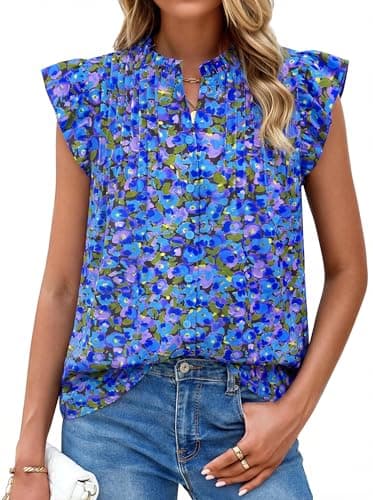 PRETTYGARDEN Women Button Down Boho Shirts Floral Ruffle Cap Sleeve Mock Neck Flowy Casual Summer Blouses Tops (Floral Purple Blue, XX-Large) - Image 1