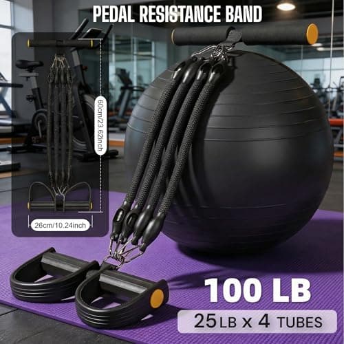 Buyborgood Upgrade Pedal Resistance Band, Multifunction Home Gym Workout Equipment with 4x25lbs Tubes for Sit Up & Arm Exercise, Black - Thumbnail 2