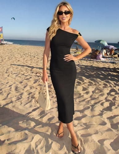 MEROKEETY Women's Wedding Guest One Shoulder Dresses 2026 Summer Formal Elegant Cocktail Party Midi Dress, Black, XL - Thumbnail 2