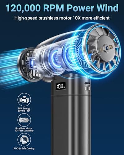 AuraliBrite 120KRPM Rechargeable Cordless Compressed Air Duster, Portable Electric Air Blower with 6 Adjustable Speeds & Turbo Fan, for Electronics PC Keyboard Car Outdoor Dust Cleaning & Snow Blowing - Thumbnail 2