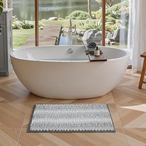 ComiComi Gray Bath Mats Plush Pom-Pom Super Absorbent Bathroom Rug Non Slip Machine Washable Bath Mat for Bathroom Floor Quick Dry 16" x 24" - Image 1