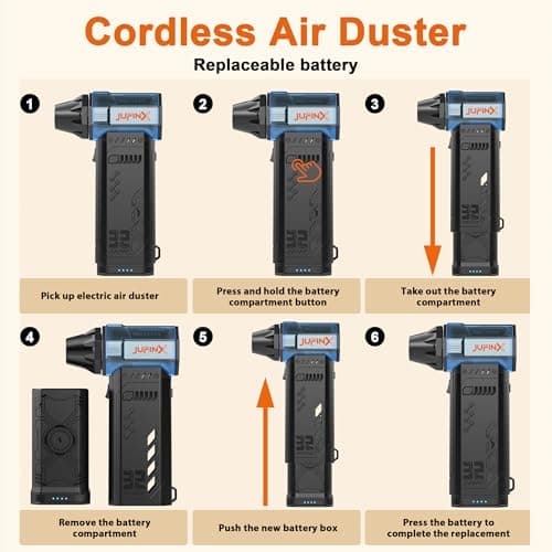 JUFINX Air Duster - 250,000RPM Compressed Air Duster, Replaceable Batteries 2pcs,Long Life-mini Blower, 3-Gear Adjustable- Electeic Air Duster for Keyboard,PCs,Leaves,Car Cleaning (2*Batteries) - Thumbnail 6