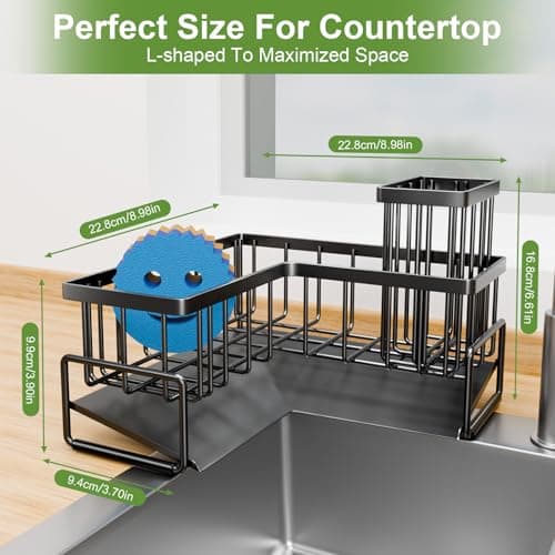Fikoksol Large Sponge Holder for Kitchen Sink, 90-Degree Sink Caddy Organizer with Dish Brush Holder for Countertop Corner Storage Rack, Metal L-Shaped Kitchen Sink Sponge Soap Organizer Storage Ideas - Thumbnail 2